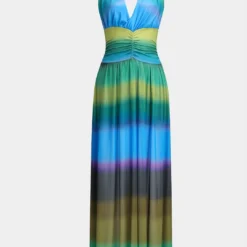 Ombre Print Ruched Backless Midi Dress