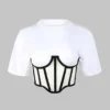 Zipper Short Sleeve Round Neck Corset Waist T-Shirt