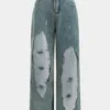 Denim Patchwork Mesh Button Pocket Cut Out Wide Leg Jeans