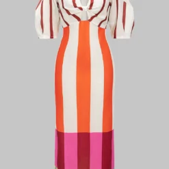 Stripes Print Linen Hollow Out Short Sleeve Midi Dress