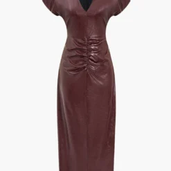 Faux Leather Ruched V-Neck Midi Dress