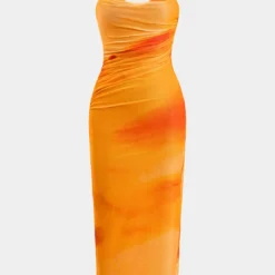 Watercolor Print Mesh Ruched Slip Midi Dress