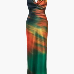 Ombre Print Cowl Neck Asymmetrical Slip Maxi Dress