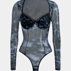 Tie Dye Print Mesh Bow Bustier Corset Long Sleeve Bodysuit