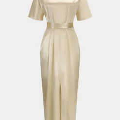 Satin Strappy V-Neck Slit Short Sleeve Midi Dress