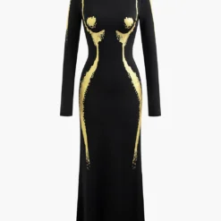 Body Print Turtle Neck Long Sleeve Maxi Dress