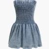 Solid Denim Shirred Strapless Ruched Mini Dress