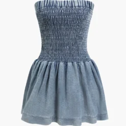 Solid Denim Shirred Strapless Ruched Mini Dress