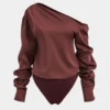 Satin Asymmetrical Long Sleeve Ruched Bodysuit