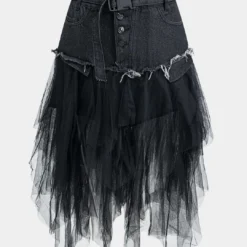 Denim Mesh Patchwork Belted Button Pocket Skirt -Women's Clothing Store 91d87973 d391 4f01 b7f3 233625a82cff