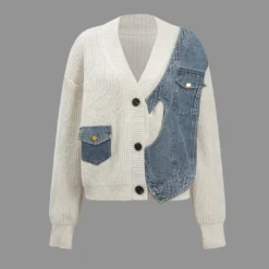 Patchwork Denim Knit Color Block Button Asymmetrical Pocket Cardigan