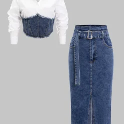 Denim Patchwork Shirt And Belted Denim Skirt Set