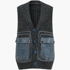 Denim Patchwork Pocket Sweater Vest -Women's Clothing Store 93e97e4e 95fc 443f 95ac 5146e170c38b