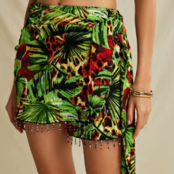 Palm Leaf Print Fringe Knot Mini Skirt