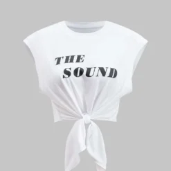Letter Print Tie Front Round Neck T-Shirt