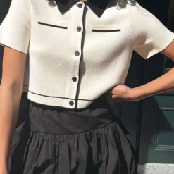 Sweater Button Pocket Short-Sleeve Top