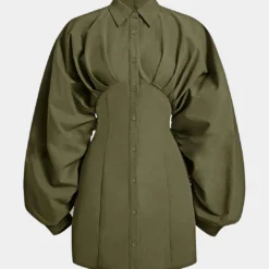 Ruched Button Long-Sleeve Shirt Dress