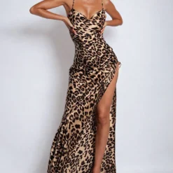 Leopard Print Cross Chain Backless Cowl Neck Slit Maxi Dress