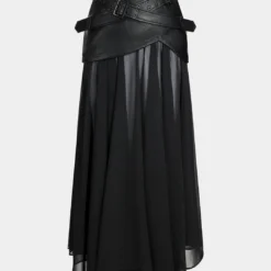 Faux Leather Belted Patchwork Pocket Zipper Skirt