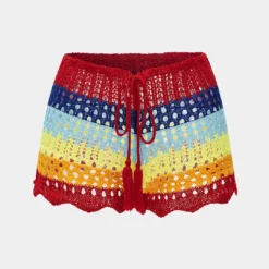 Contrast Knit Hollow Out Drawstring Shorts