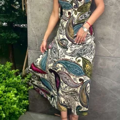 Abstract Print Chiffon Halter Neck Tie-Up Backless Sleeveless Maxi Dress