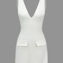 Solid V-neck Fake Pocket Mini Dress -Women's Clothing Store 97086fe0 ed37 4af9 8b20 5c284c014214