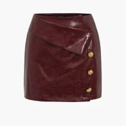 Solid Pu Button Asymmetrical Skirt