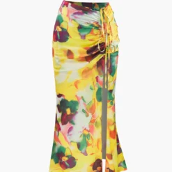 Floral Print Drawstring Ruched Slit Midi Skirt