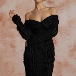 Off Shoulder Textured Button Up Slit Long Sleeve Maxi Dress -Women's Clothing Store 98573bff 93ca 47a2 8db3 c6041e0261b3