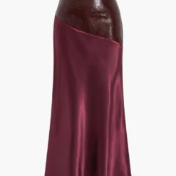 Satin Patchwork Faux Leather Asymmetrical Skirt