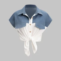 Patchwork Linen Tie Front Fake Pocket Shirt