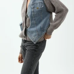 Patchwork Denim Knit Color Block Button Asymmetrical Pocket Cardigan -Women's Clothing Store 9940afbc 1dae 4101 8bbb 37095427984a