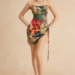 Watercolor Print Satin Ruched Drawstring Slip Mini Dress -Women's Clothing Store 9984dba4 1f44 42ae 8692 2b25e5f7aefe