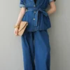 Denim Button Tie Shirt And Jeans Set