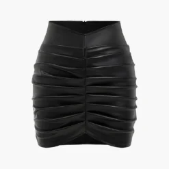 Solid Faux Leather Ruched Skirt