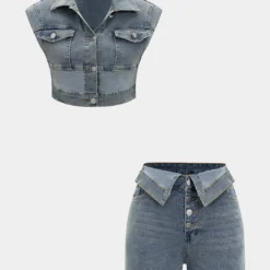 Denim Button Vest And Shorts Set