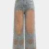Denim Washed Rhinestone Straight Leg Jean