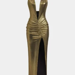 Metallic Ring Ruched Backless Slit Midi Dress