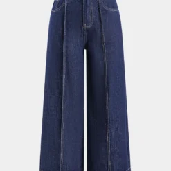 Denim Contrast Stitching Button Pocket Wide Leg Jeans