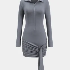 Ruched Button Long Sleeve Mini Dress