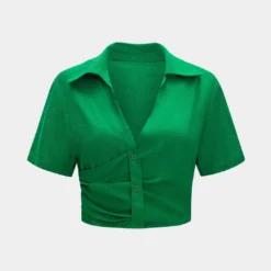 Linen Asymmetrical Ruched V-Neck Short-Sleeve Shirt