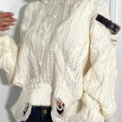 Knitted Cut Out Patchwork Belted Long-Sleeve Top