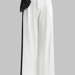 Contrast Pleated Bow Asymmetrical Wide Leg Trousers