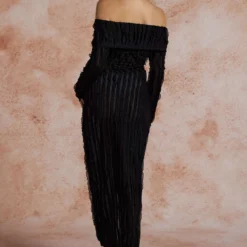 Off Shoulder Textured Button Up Slit Long Sleeve Maxi Dress -Women's Clothing Store a00bb1fc 385f 4309 aaf7 947648cbf597