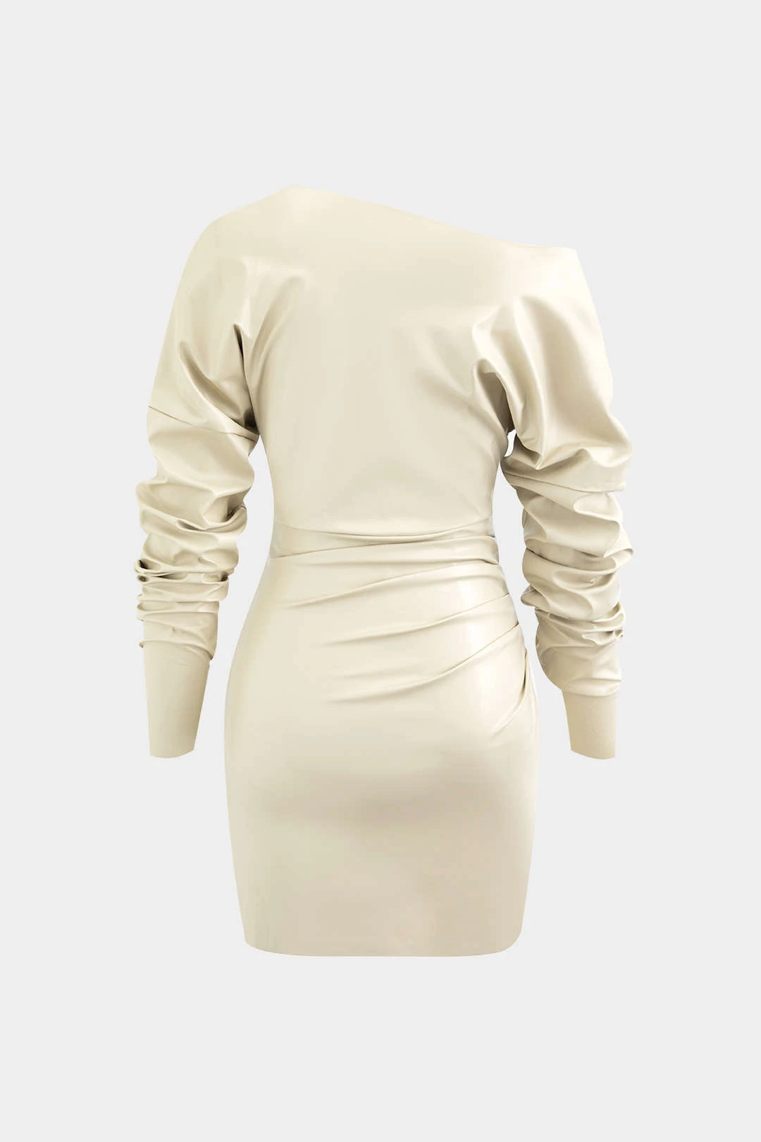 Asymmetric Faux Leather V-neck Gathered Mini Dress 4 Asymmetric Faux Leather V-neck Gathered Mini Dress - Image 4