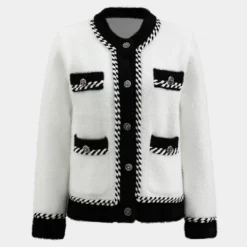 Contrast Knit Button Pocket Cardigan