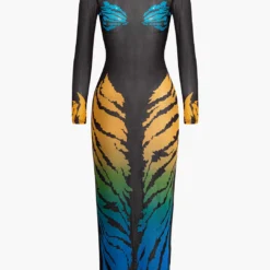 Tiger Print Mesh Sheer Round Neck Midi Dress