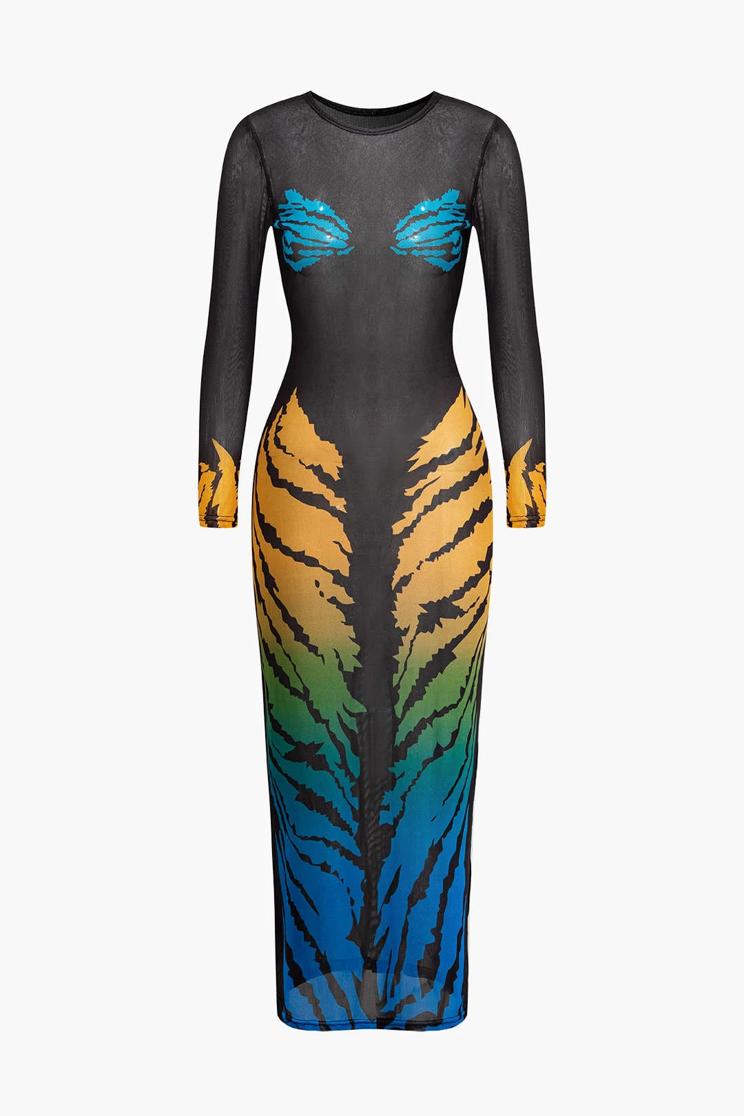 Tiger Print Mesh Sheer Round Neck Midi Dress 1 Tiger Print Mesh Sheer Round Neck Midi Dress