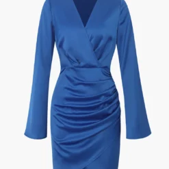 Satin Long Sleeve Ruched Wrap Mini Dress