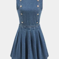 Denim Pleated Button Zipper Sleeveless Dress